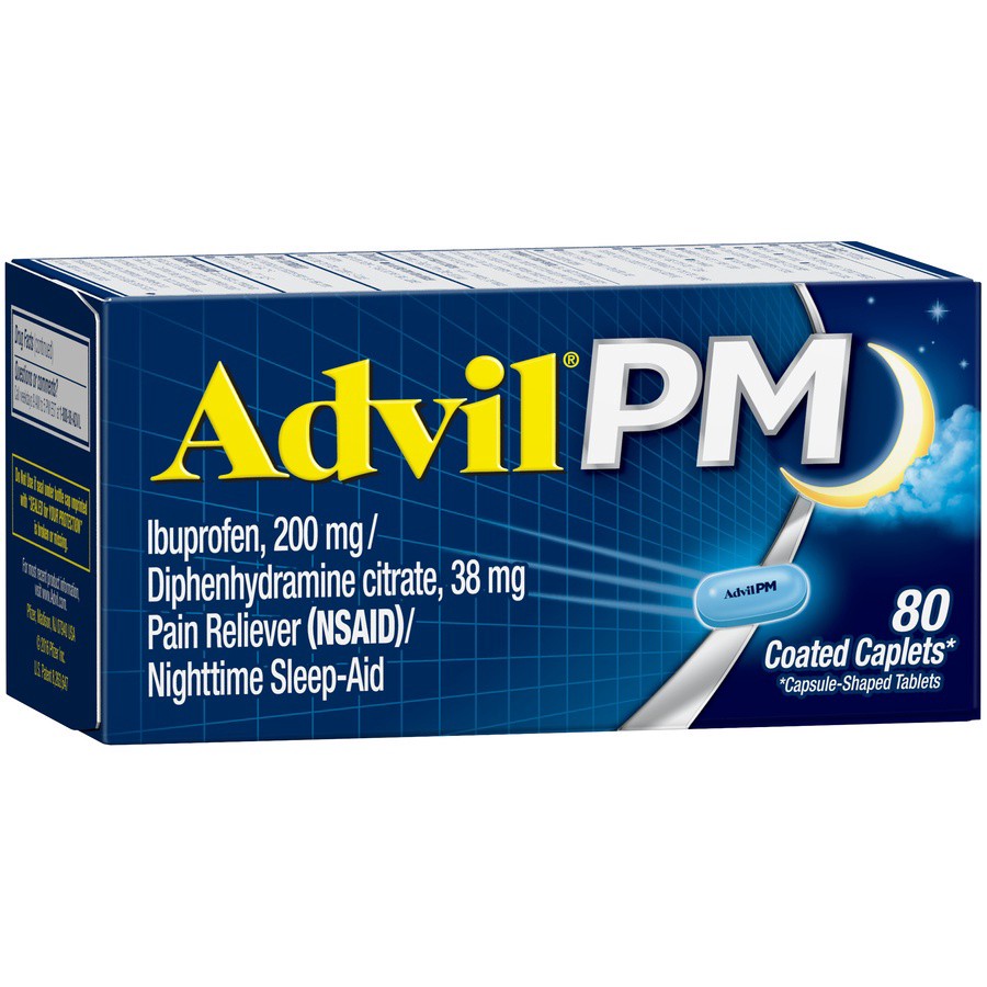 slide 2 of 7, Advil PM Pain Reliever and Nighttime Sleep Aid, Ibuprofen for Pain Relief and Diphenhydramine Citrate for a Sleep Aid - 80 Coated Caplets, 80 ct