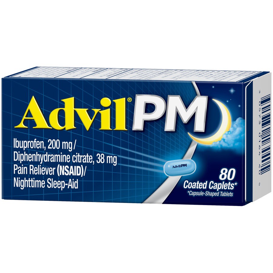 slide 4 of 7, Advil PM Pain Reliever and Nighttime Sleep Aid, Ibuprofen for Pain Relief and Diphenhydramine Citrate for a Sleep Aid - 80 Coated Caplets, 80 ct
