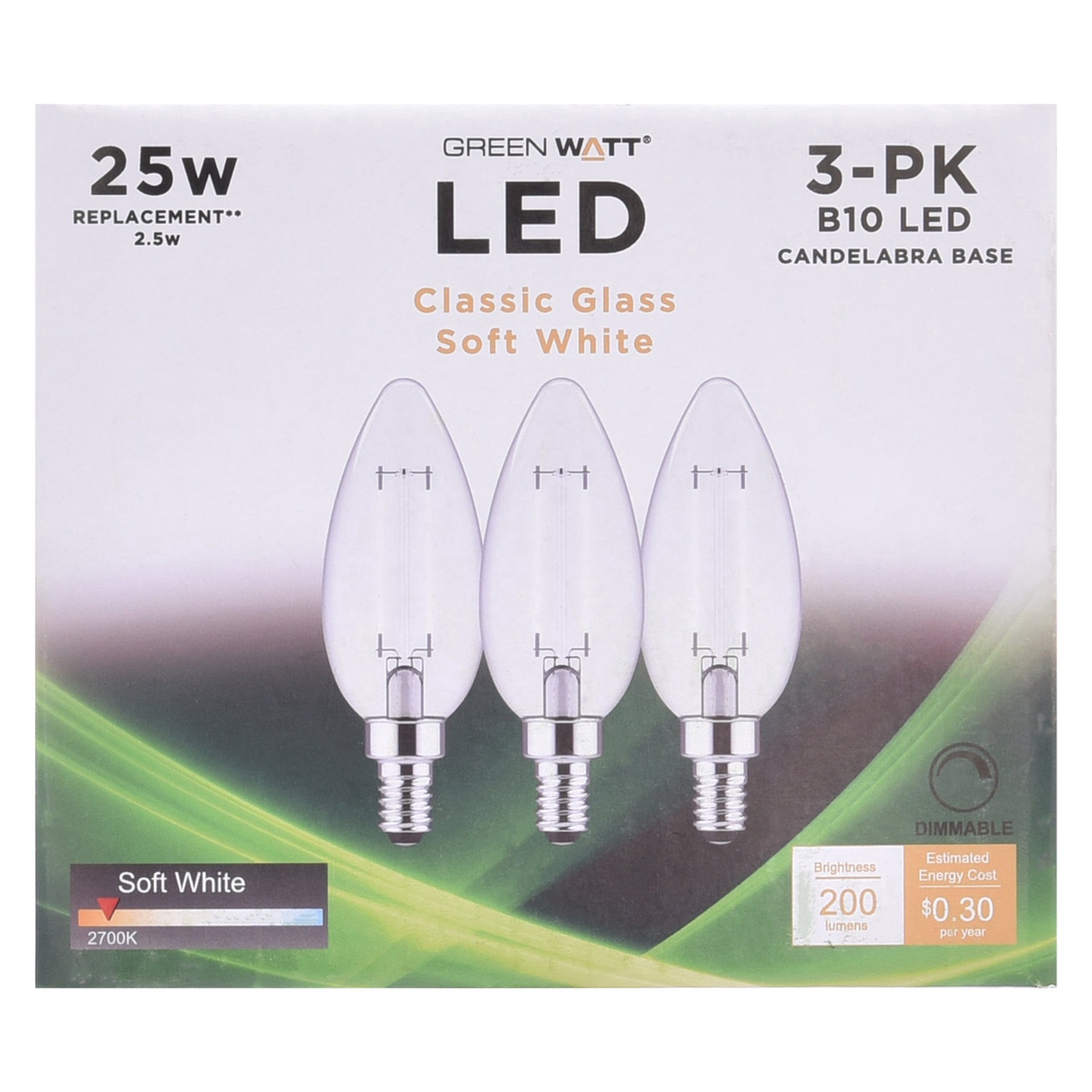 slide 1 of 1, Green Watt B10 25-Watt Clear E12 LED Light Bulbs - Soft White, 3 ct