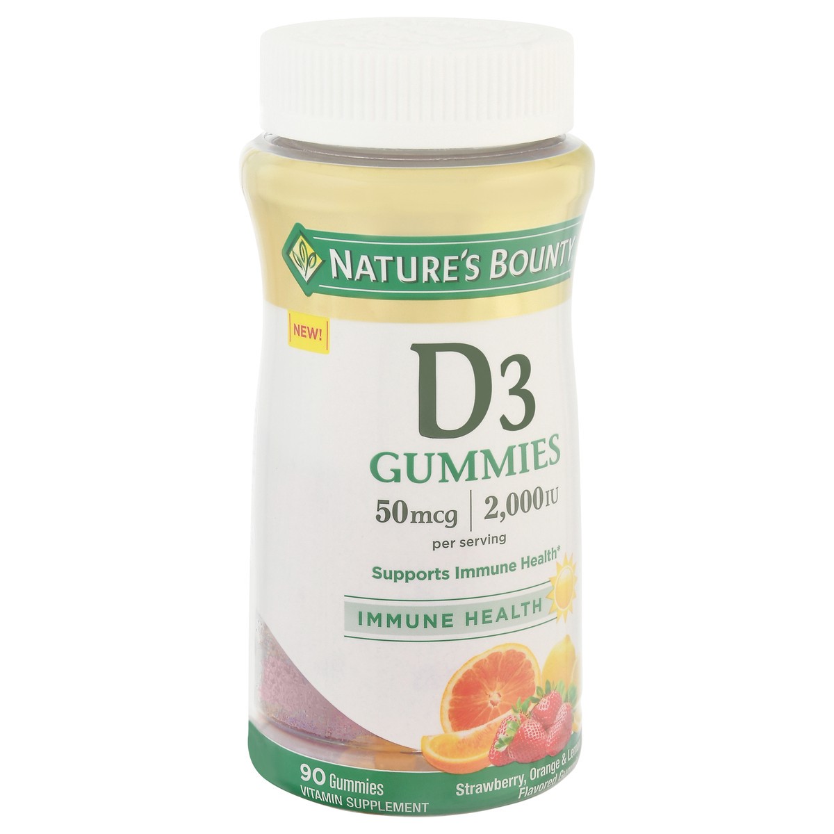 slide 8 of 13, Nature's Bounty D3 Immune Health 500 mcg 2,000 IU Strawberry, Orange & Lemon Flavored Gummies 90 ea, 90 ct