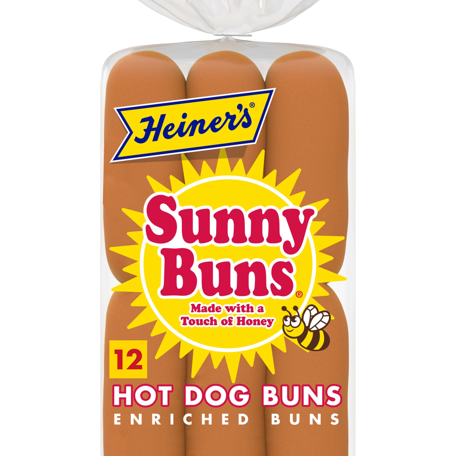 slide 1 of 7, Heiner's Sunny Buns Honey Enriched Hot Dog Buns, 12 count, White Hot Dog Buns, 18 oz Bag, 12 ct