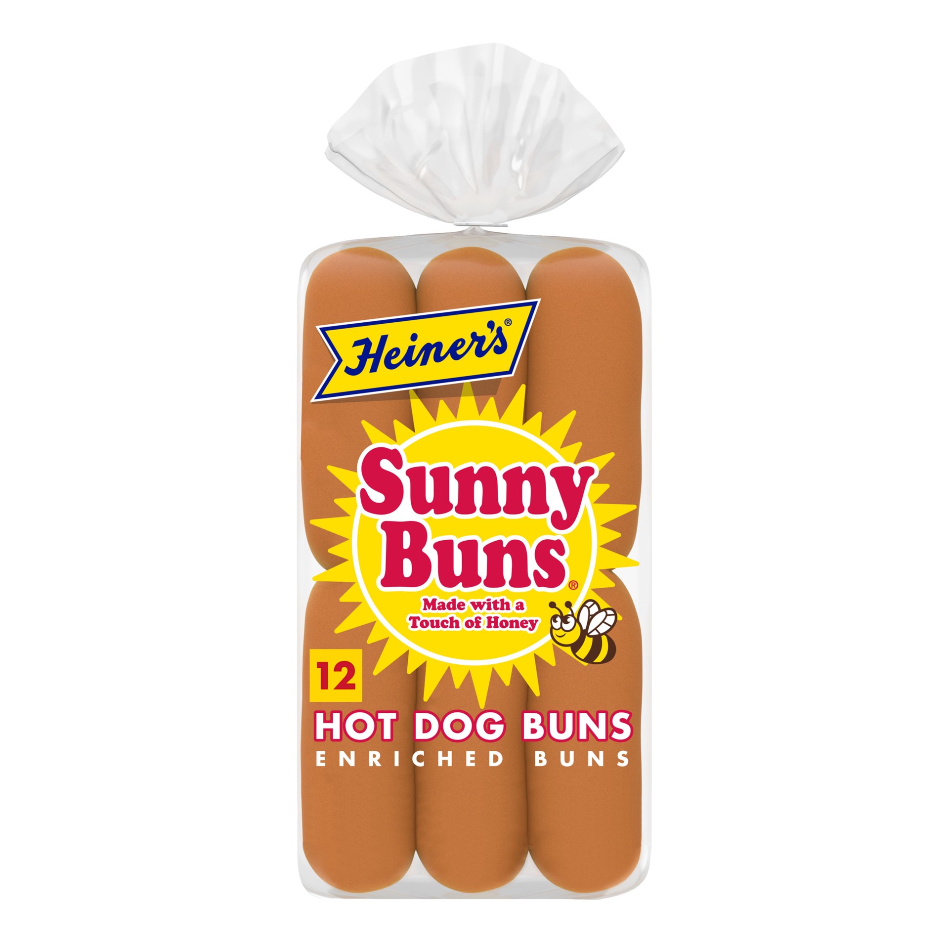 slide 1 of 7, Heiner's Sunny Buns Sweet Enriched Hot Dog Buns, 12 count, White Hot Dog Buns, 18 oz Bag, 12 ct