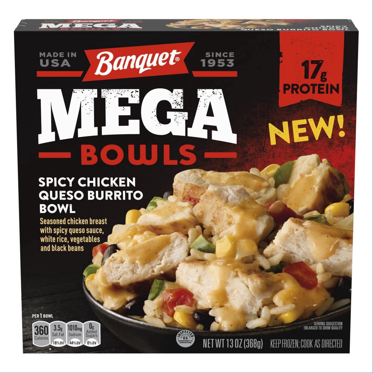 slide 1 of 13, Banquet Mega Bowls, Spicy Chicken Queso Burrito Bowl, Frozen Meal, 13 oz., 13 oz