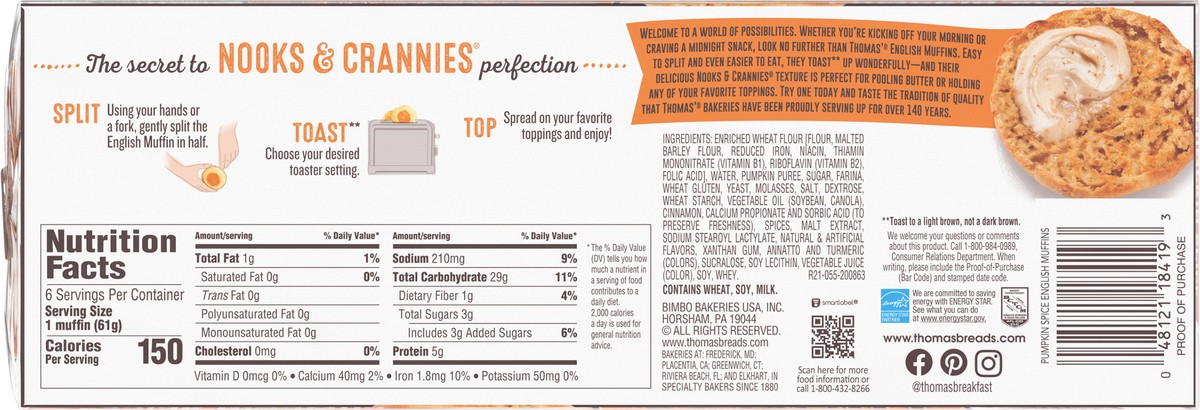 slide 8 of 9, Thomas' Pumpkin Spice English Muffins, Made with Real Pumpkin, 6 count, 12 oz, 6 ct