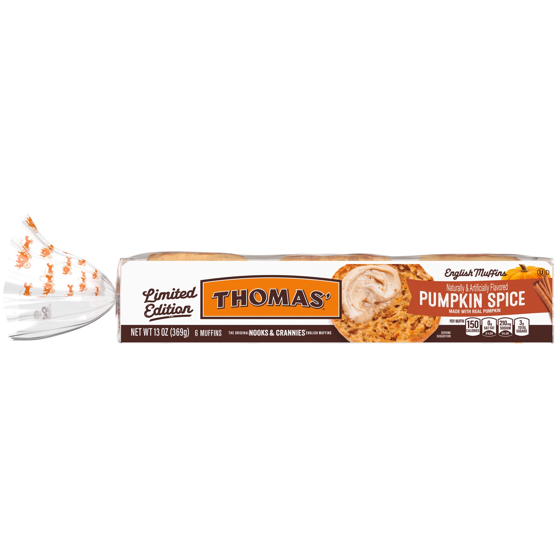 slide 1 of 9, Thomas' Pumpkin Spice English Muffins, Made with Real Pumpkin, 6 count, 12 oz, 6 ct