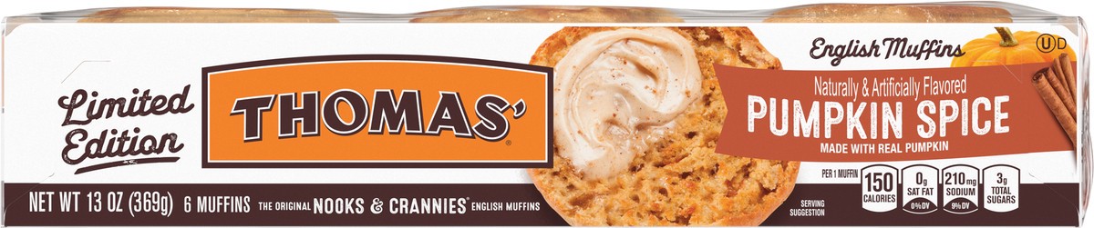 slide 7 of 9, Thomas' Pumpkin Spice English Muffins, Made with Real Pumpkin, 6 count, 12 oz, 6 ct