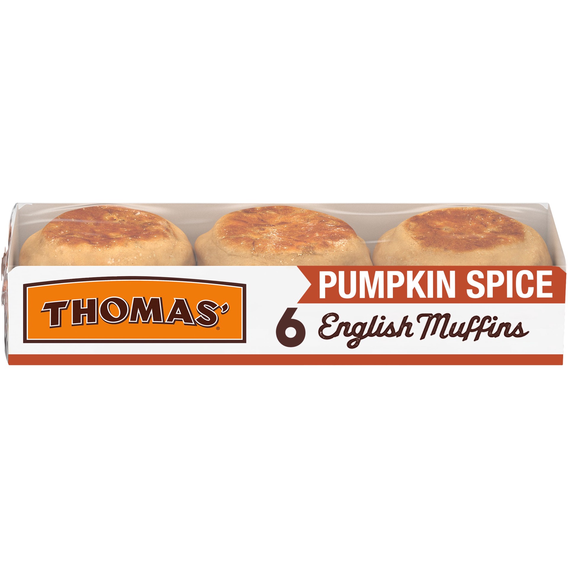 slide 1 of 9, Thomas' Pumpkin Spice English Muffins, Made with Real Pumpkin, 6 count, 12 oz, 6 ct