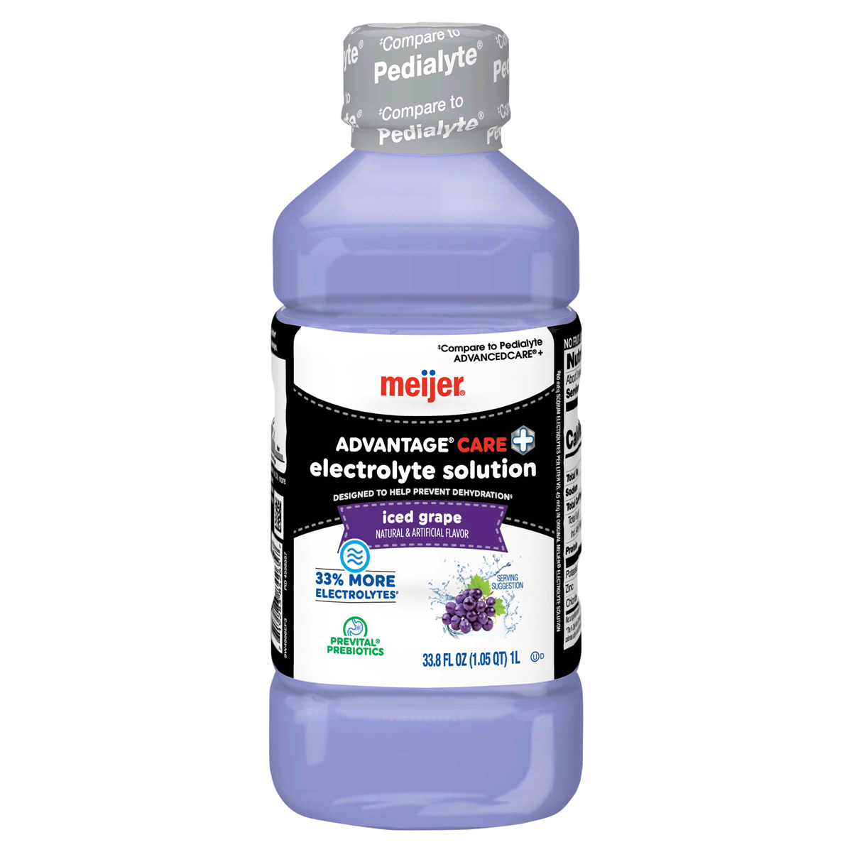 slide 1 of 28, Meijer Advantage Care Plus Adult Electrolyte Solution With Zinc, 33% More Electrolytes and PreVital Prebiotics, Iced Grape, 1 liter