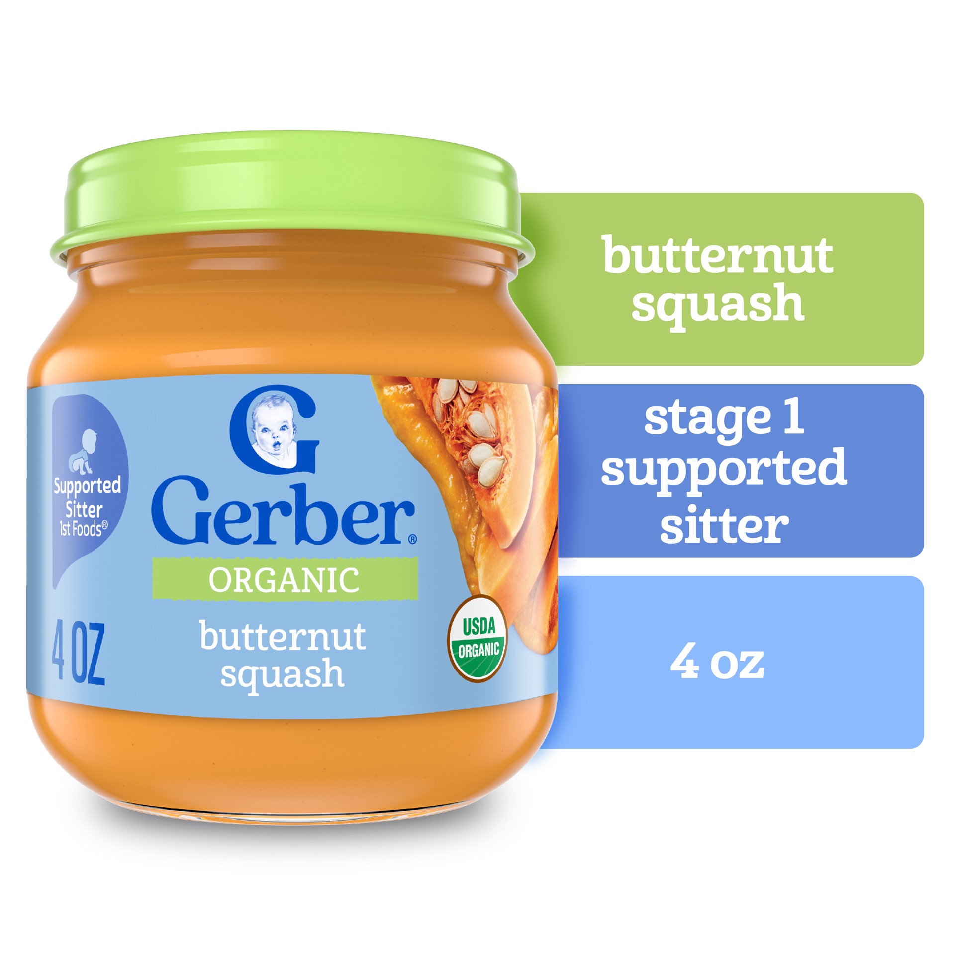 slide 1 of 5, Gerber Stage 1 Baby Food, Organic Butternut Squash Jar, Vegetable, Non-GMO, Baby Puree, 4 oz