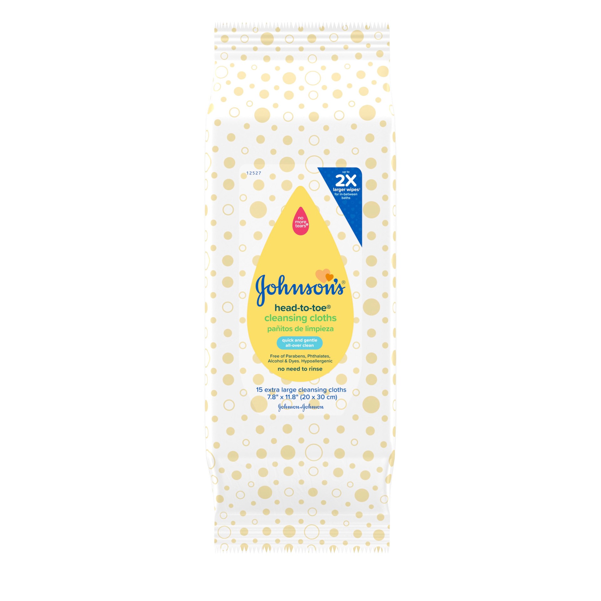 slide 1 of 7, Johnson's Head-to-Toe Gentle Cleansing Cloths, No Rinse, Disposable Pre-Moistened Baby Bath Wipes, Hypoallergenic Newborn Essentials, Head-to-toe Wipes, Paraben-Free 15 ct, 15 ct