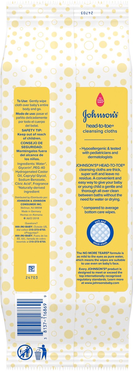 slide 6 of 7, Johnson's Head-to-Toe Gentle Baby Cleansing Cloths, Hypoallergenic and Pre-Moistened Baby Bath Wipes, Free of Parabens, Phthalates, Alcohol, Dyes and Soap, 15 ct, 15 ct