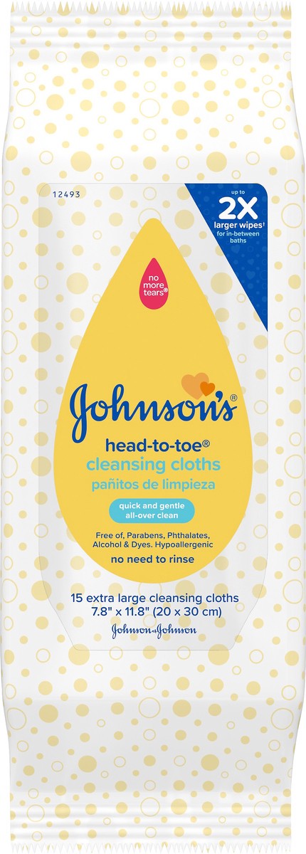 slide 3 of 7, Johnson's Head-to-Toe Gentle Baby Cleansing Cloths, Hypoallergenic and Pre-Moistened Baby Bath Wipes, Free of Parabens, Phthalates, Alcohol, Dyes and Soap, 15 ct, 15 ct