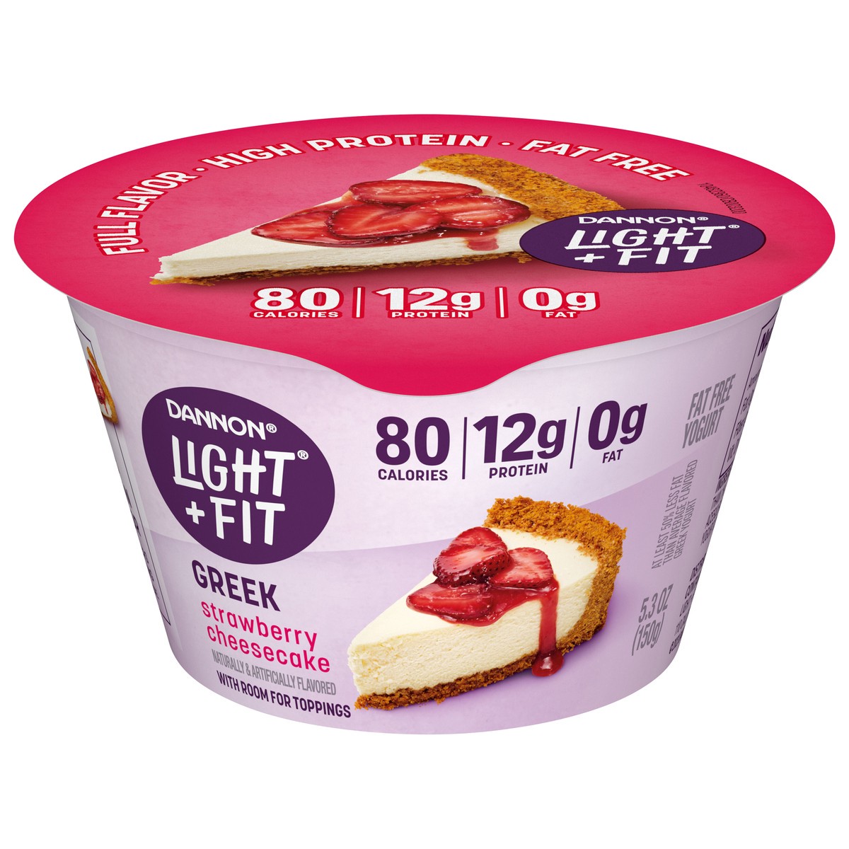 slide 1 of 5, Light + Fit Dannon Light + Fit Strawberry Cheesecake Greek Fat Free Yogurt, Creamy and Delicious Gluten Free Yogurt, 5.3 oz Cup, 5.3 oz