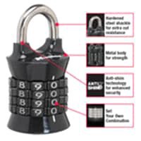 slide 3 of 5, Master Lock Padlock, Set Your Own Combination Lock, 1-1/2 inch wide, Assorted Colors, 1 ct