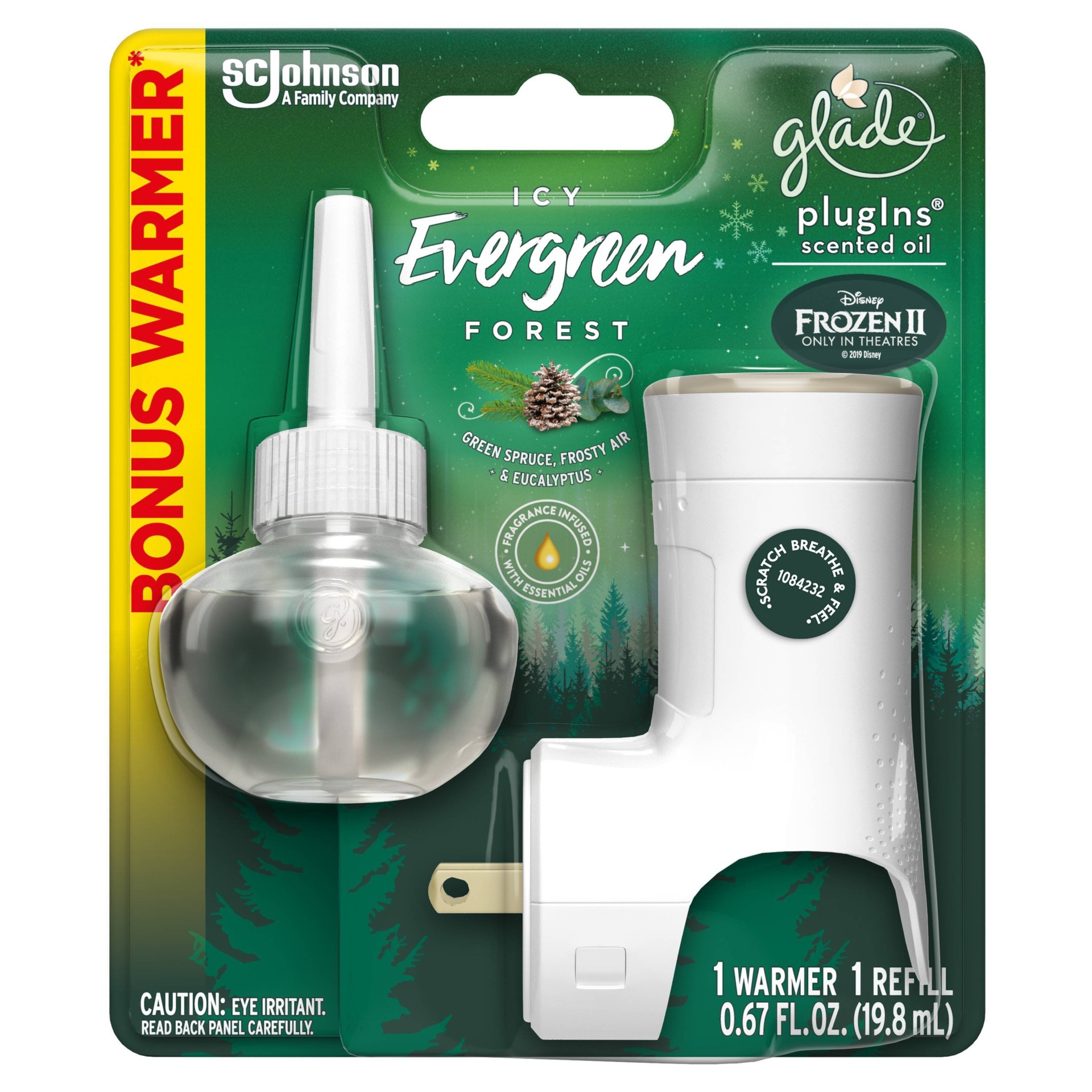 slide 1 of 1, Glade PlugIns Scented Oil Warmer & Refill,Icy Evergreen Forest, 0.67 oz