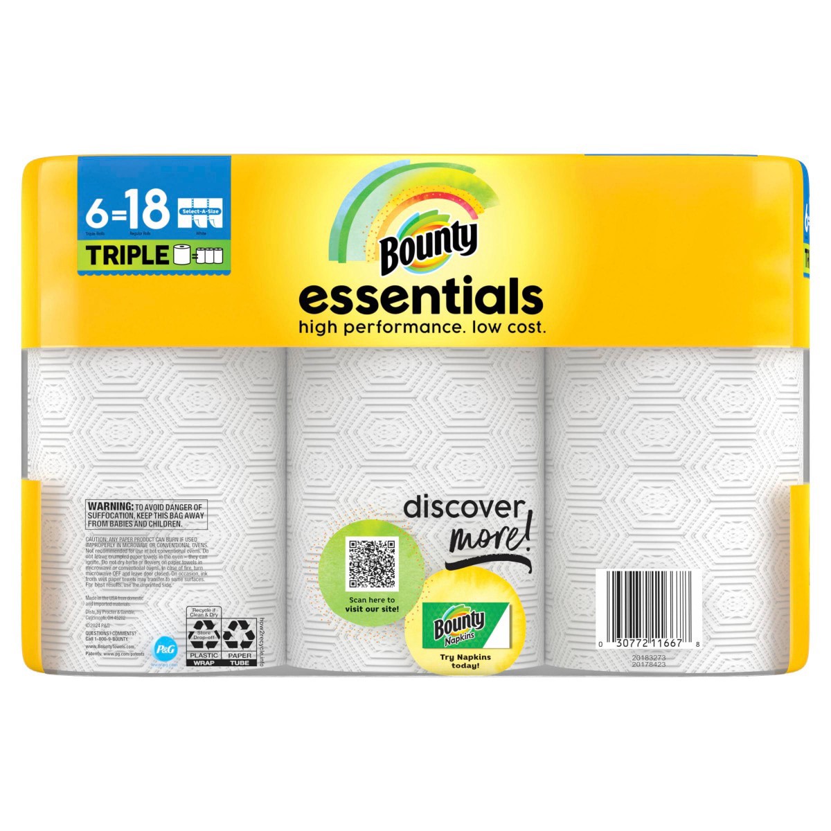 slide 5 of 29, Bounty Essentials Select-A-Size Paper Towels, 6 Triple Rolls, White, 162 Sheets Per Roll, 6 ct