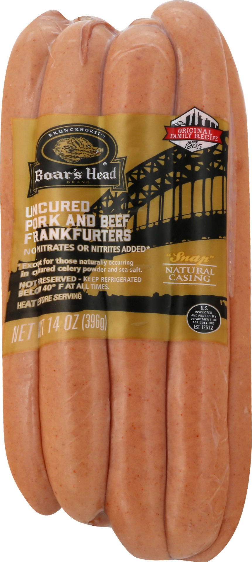 slide 1 of 3, Boars Head Frankfurters, Pork & Beef, Uncured, 14 oz