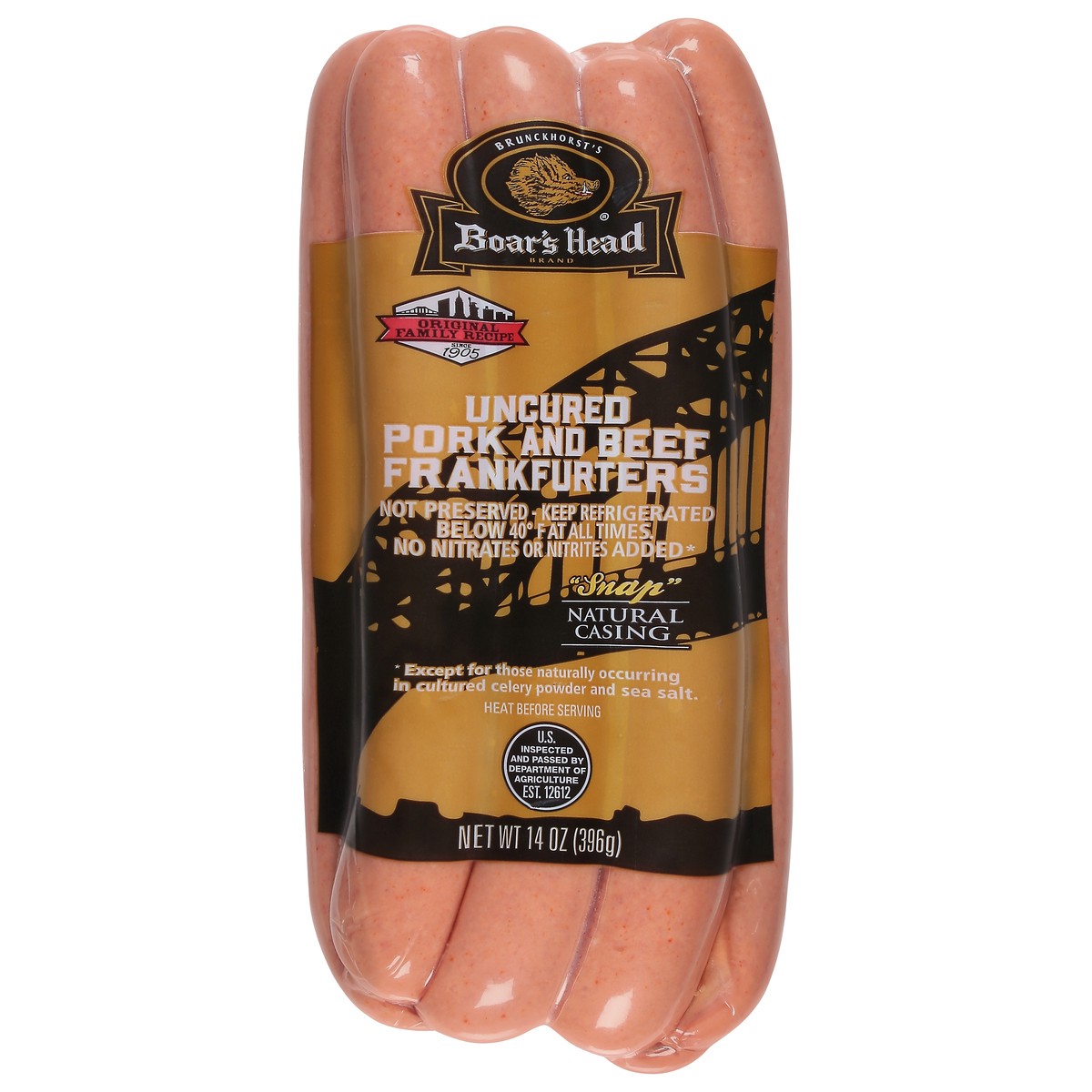 slide 1 of 9, Boar's Head Pork & Beef Frankfurters Natural Casing, 1 ct