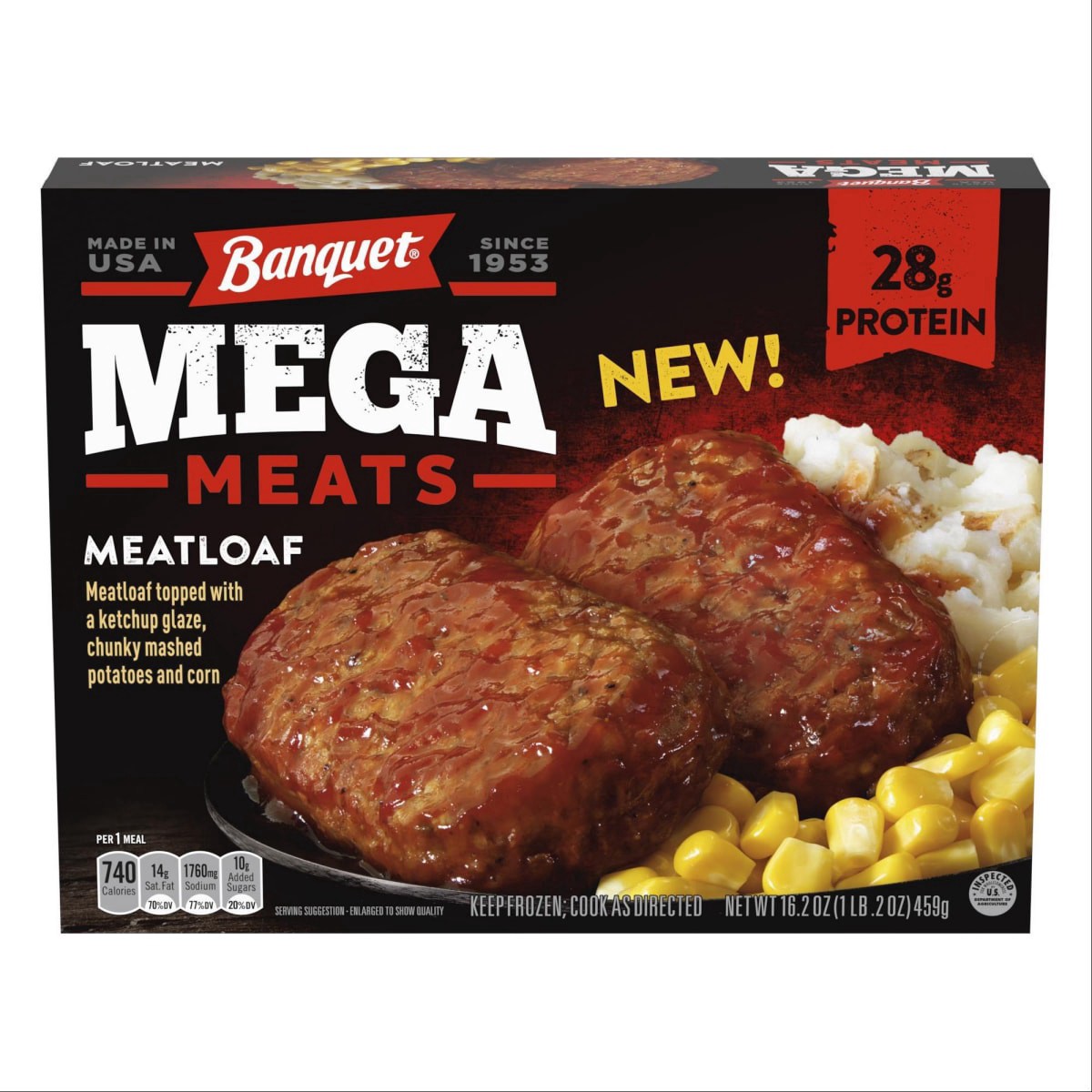 slide 1 of 13, Banquet Mega Meats, Meatloaf, Frozen Meal, 16.2 oz., 16.2 oz