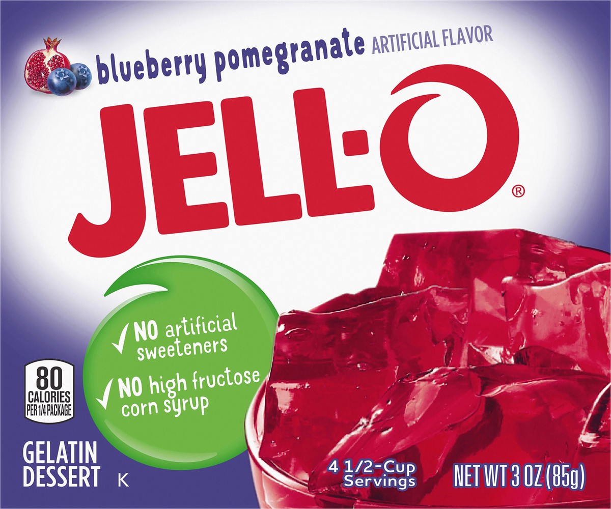 slide 9 of 13, Jell-O Blueberry Pomegranate Gelatin Dessert Mix, 3 oz Box, 3 oz