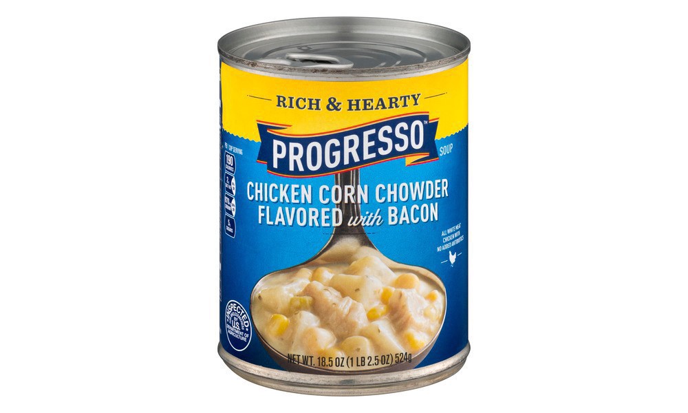 slide 116 of 139, Progresso Rich & Hearty, Chicken Corn Chowder Canned Soup, Flavored With Bacon, Gluten Free, 18.5 oz., 18.5 oz