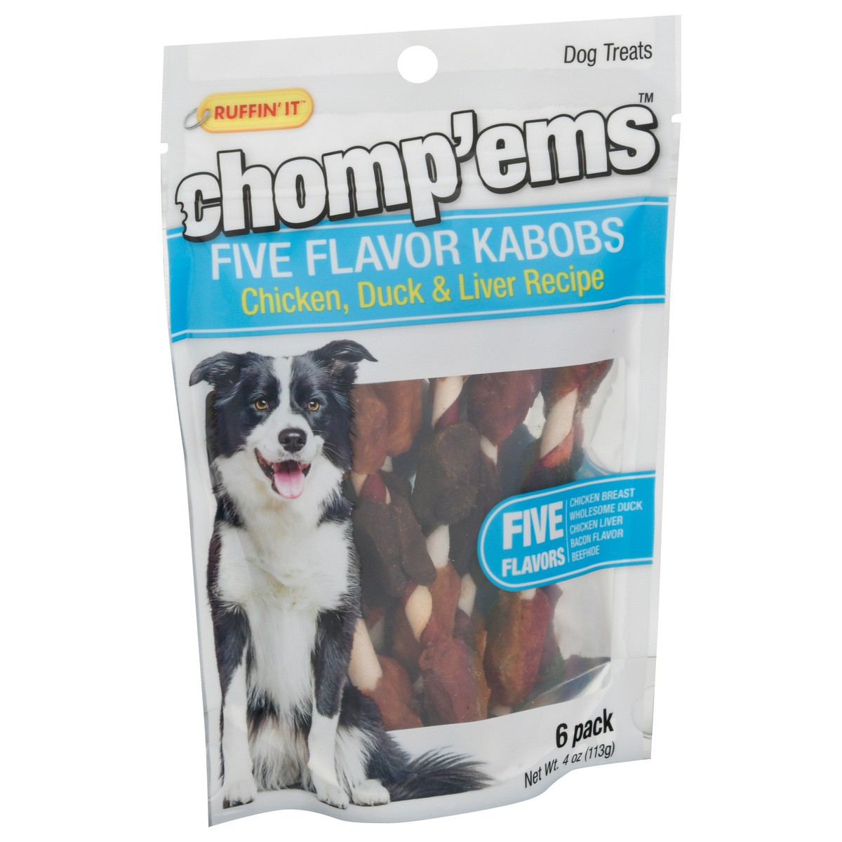 slide 2 of 9, Ruffin' It Chomp'ems Five Flavor Kabobs Chicken, Duck & Liver Recipe Dog Treats 6 Pack, 6 ct