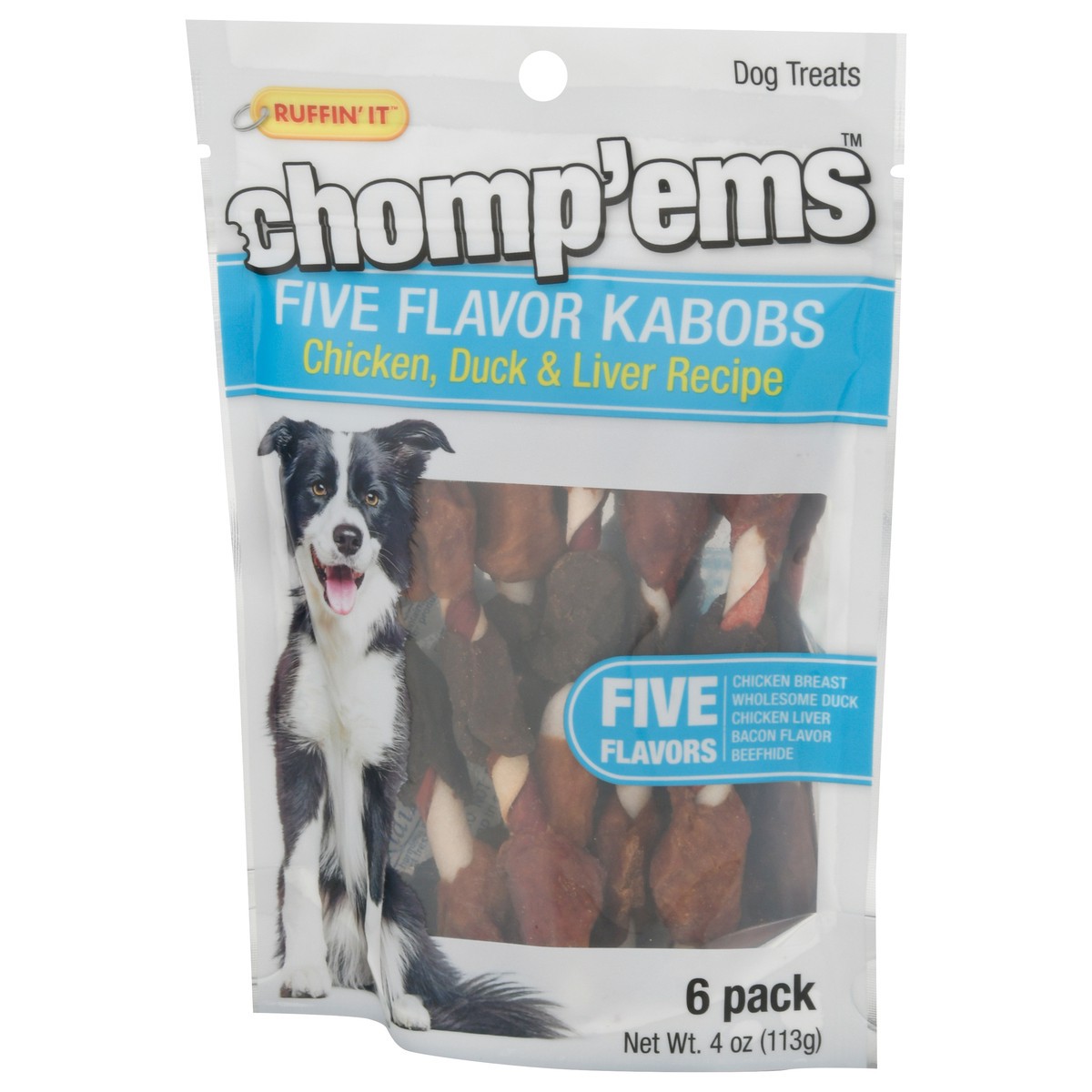slide 9 of 9, Ruffin' It Chomp'ems Five Flavor Kabobs Chicken, Duck & Liver Recipe Dog Treats 6 Pack, 6 ct