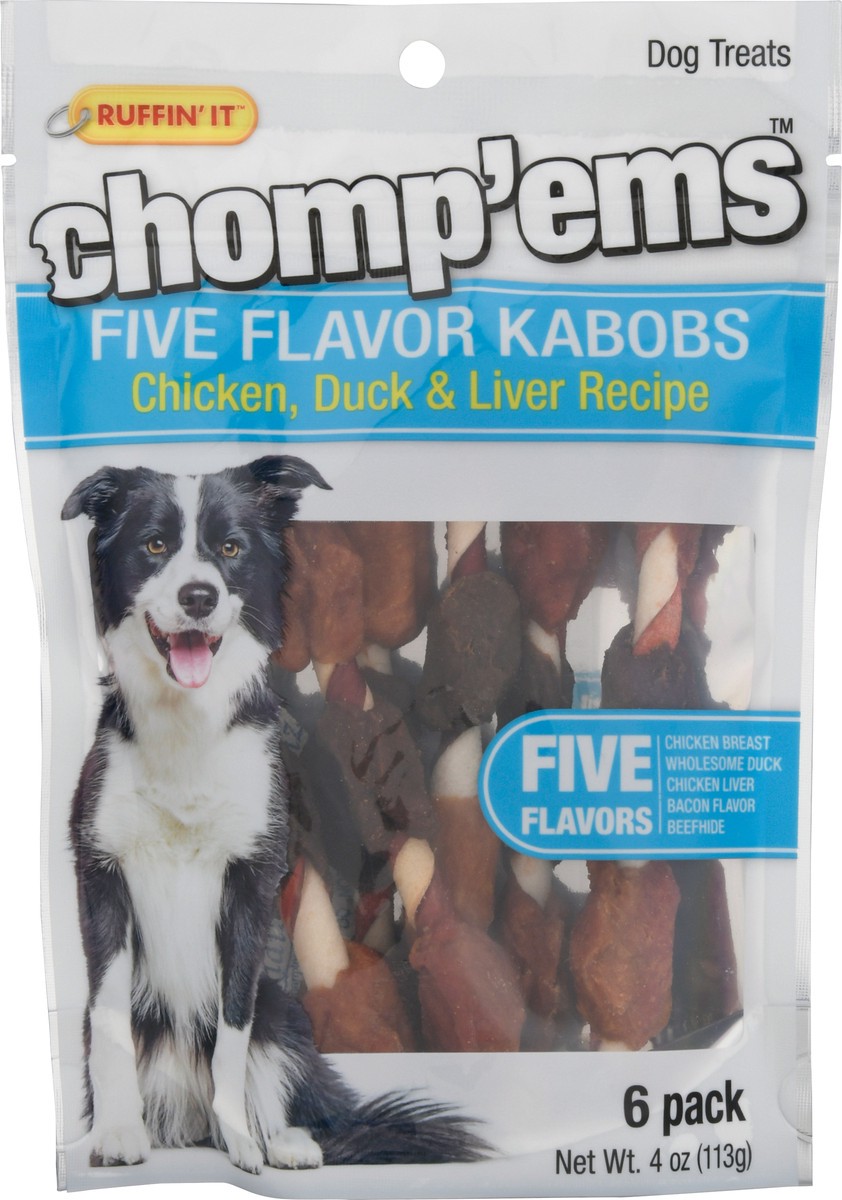 slide 6 of 9, Ruffin' It Chomp'ems Five Flavor Kabobs Chicken, Duck & Liver Recipe Dog Treats 6 Pack, 6 ct