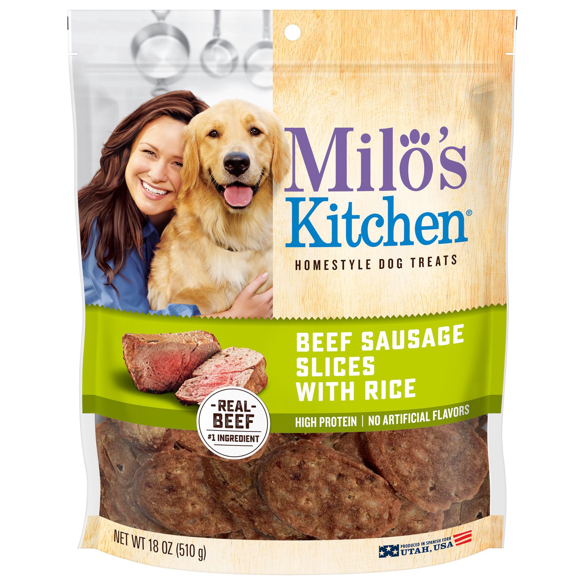 slide 1 of 5, Milo's Kitchen Milo''s Kitchen Beef Sausage Slices With Rice Dog Treats, 18-oz. Bag, 18 oz