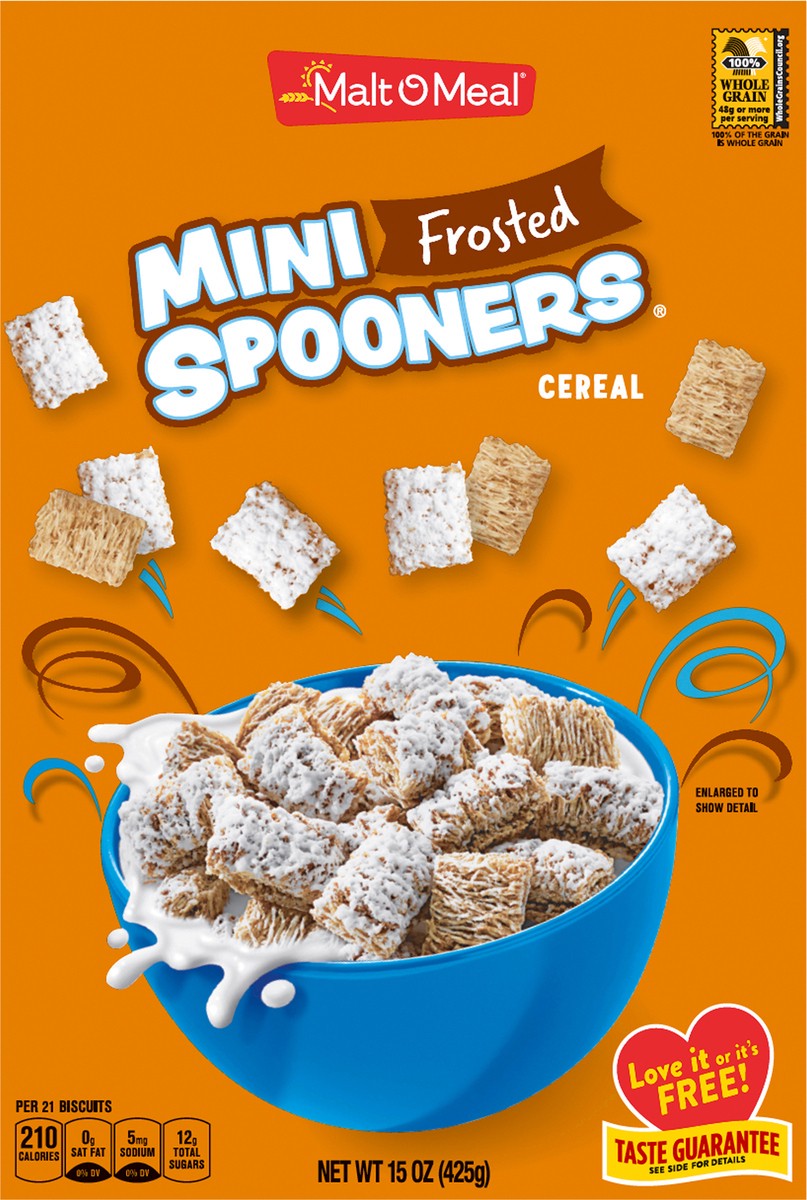 slide 5 of 9, Malt-O-Meal Frosted Mini Spooners Shredded Wheat Cereal, 15 OZ Small Box, 15 oz