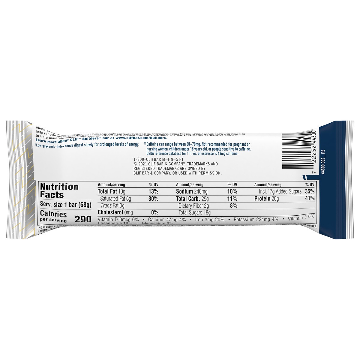 slide 5 of 9, CLIF Builders + Caffeine - Chocolate Chip Cookie Dough Flavor - Protein Bar - Gluten-Free - Non-GMO - Low Glycemic - 20g Protein - 2.4 oz., 2.4 oz