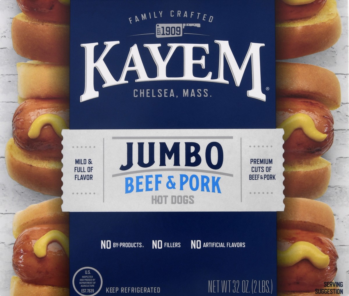 slide 1 of 13, Kayem Jumbo Beef & Pork Hot Dogs 32 oz, 32 oz; 2 lb