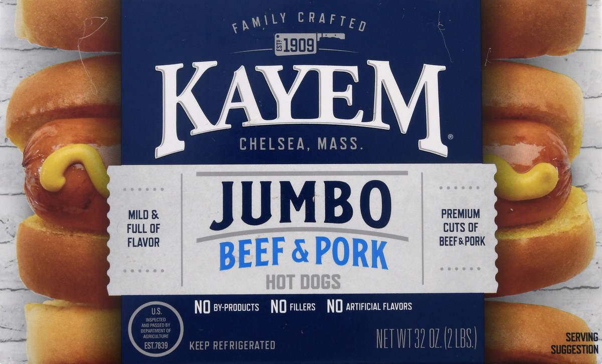 slide 6 of 13, Kayem Jumbo Beef & Pork Hot Dogs 32 oz, 32 oz; 2 lb