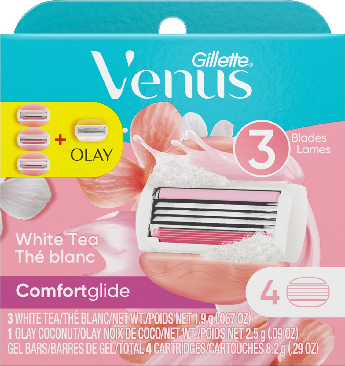 slide 3 of 3, Venus Gillette Venus Comort Glide White Tea With Olay Razor Cartridges, 4 ct