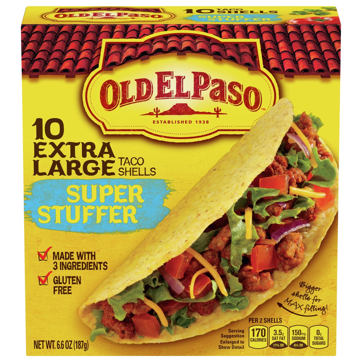 slide 1 of 1, Old El Paso Extra Large Super Stuffer Taco Shells, Meal Prep, 10 Ct, 6.6 oz, 10 ct
