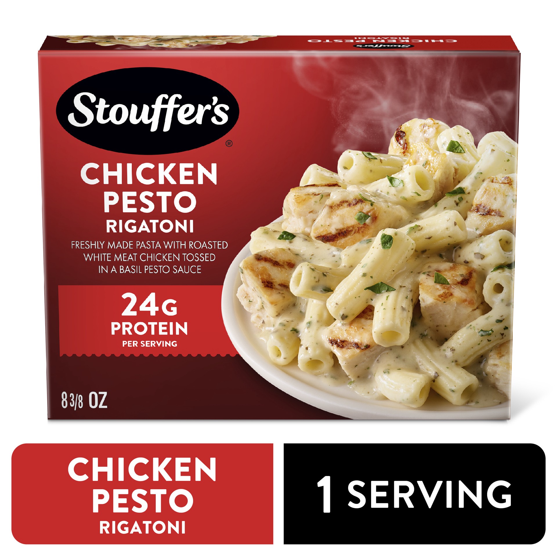 slide 1 of 9, Stouffer's Stouffer''s Chicken Pesto Rigatoni, Single Serve, Frozen Chicken Pasta, Single Frozen Meal, 8.38 oz