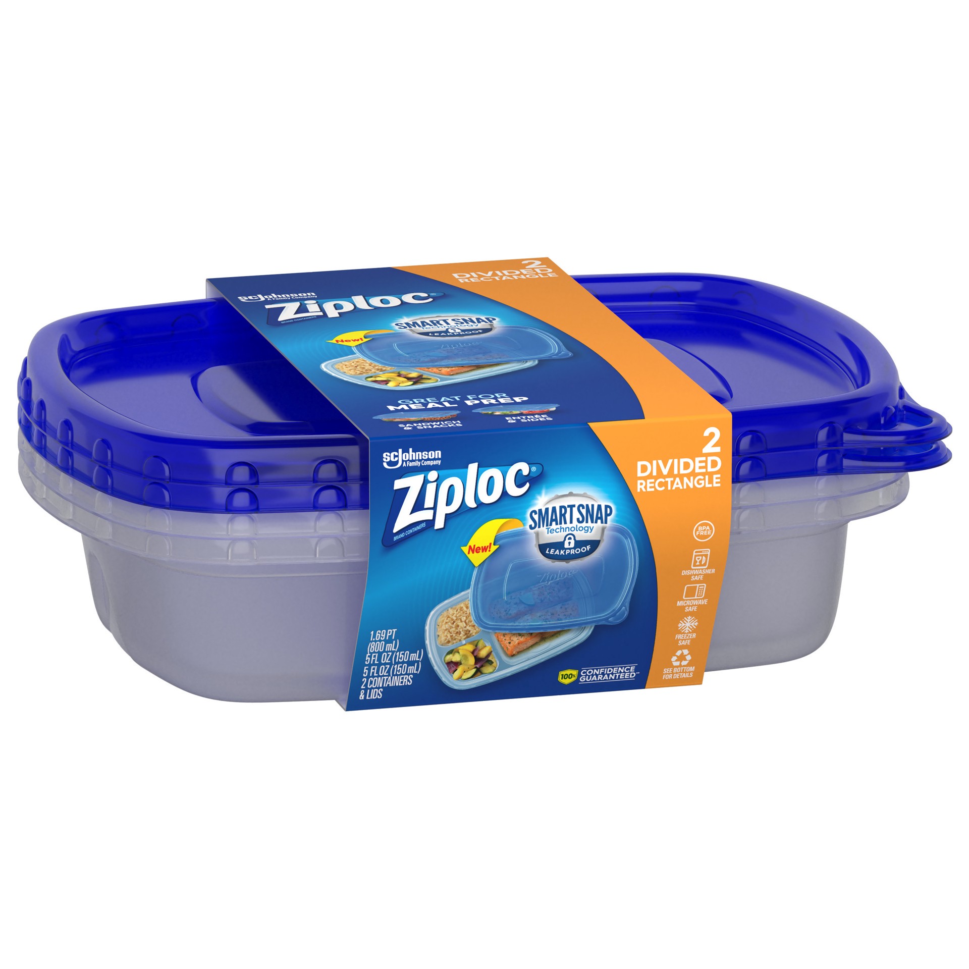 slide 2 of 5, Ziploc Brand, Food Storage Containers with Lids, Smart Snap Technology, Divided Rectangle, 2 ct, 2 ct