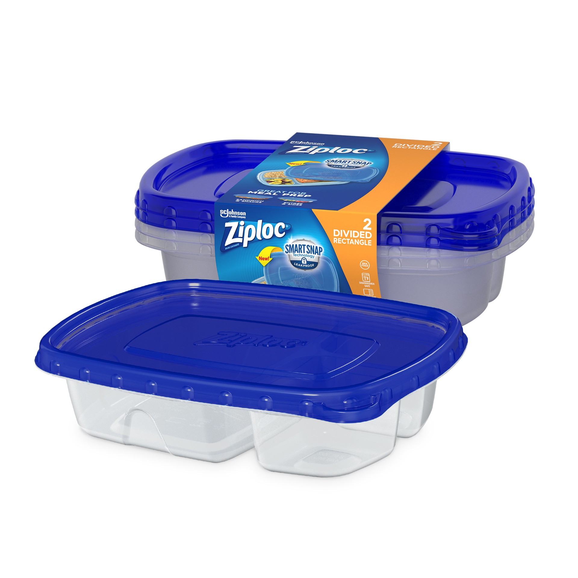 slide 4 of 5, Ziploc Smart Snap Divided Rectangle Containers & Lids 2 Containers & Lids, 2 ct