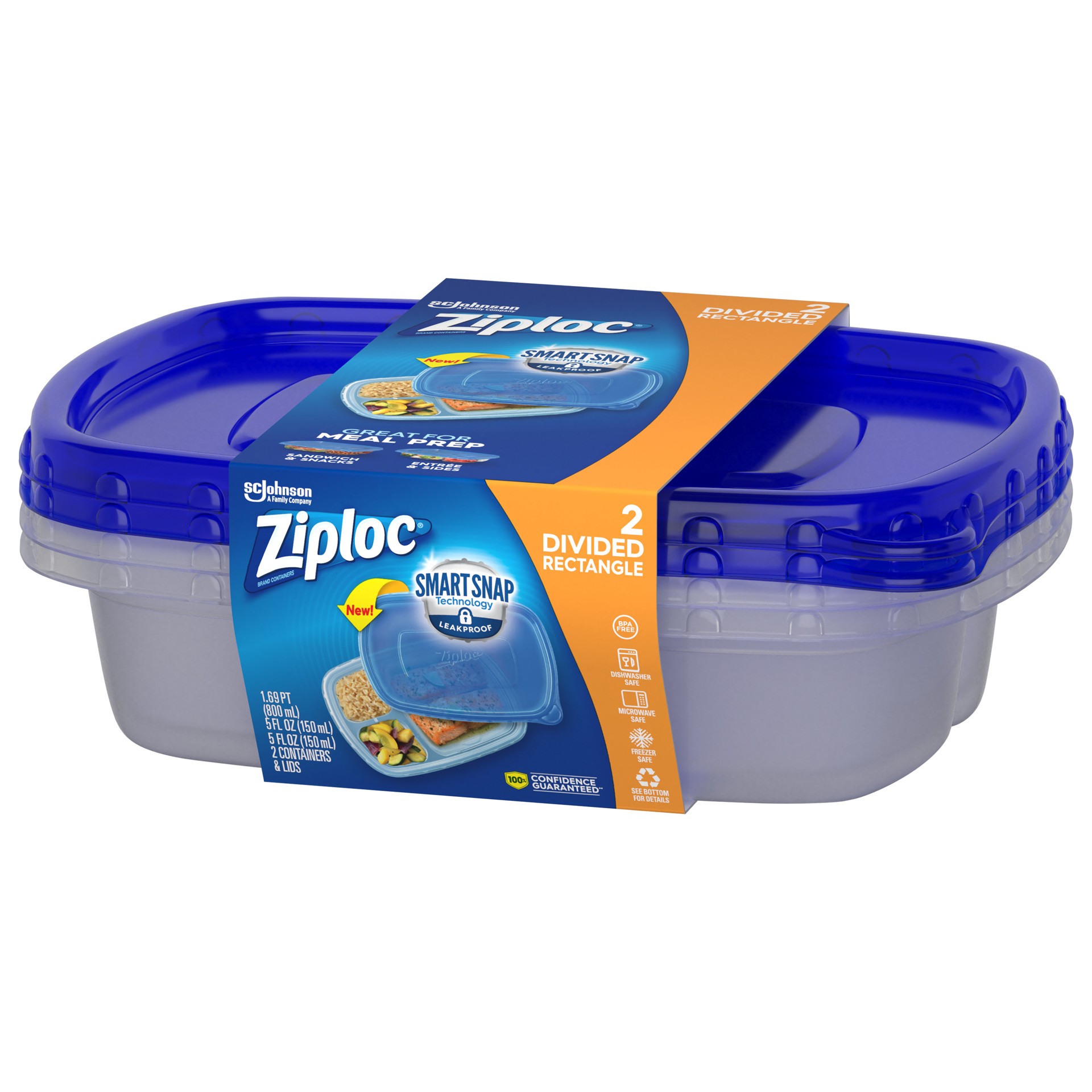slide 5 of 5, Ziploc Smart Snap Divided Rectangle Containers & Lids 2 Containers & Lids, 2 ct