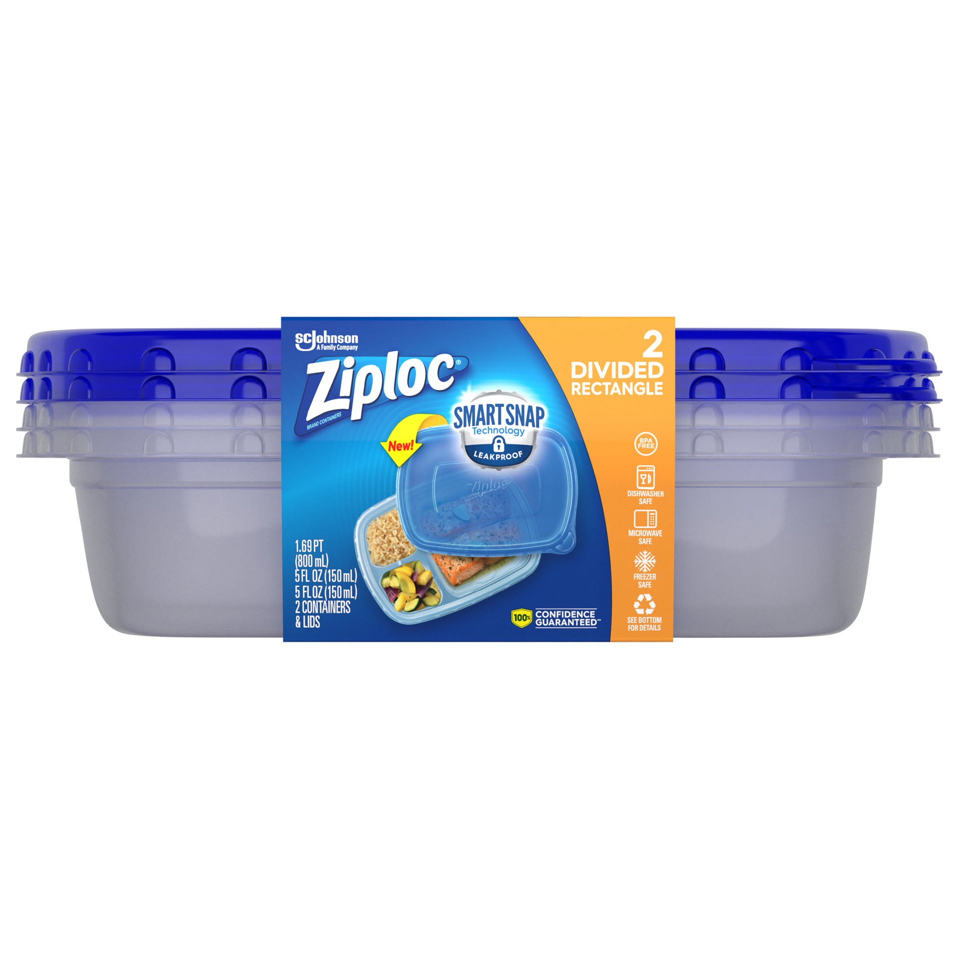 slide 1 of 5, Ziploc Smart Snap Divided Rectangle Containers & Lids 2 Containers & Lids, 2 ct