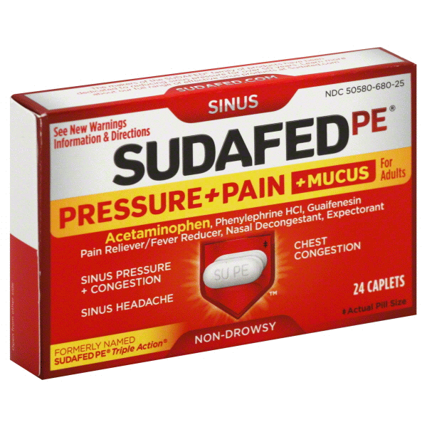 slide 1 of 1, Sudafed Pe Pressure Pain Mucus Caplets, 24 ct