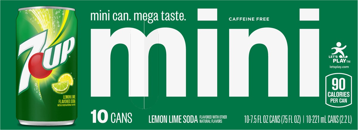 slide 2 of 7, 7UP Lemon Lime Soda, 7.5 fl oz mini cans, 10 pack, 10 ct; 7.5 fl oz