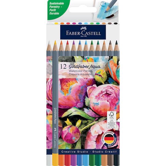 slide 1 of 7, Faber-Castell Goldfaber Aqua 12 Color Basic Watercolor Pencil Set, 3.3 mm