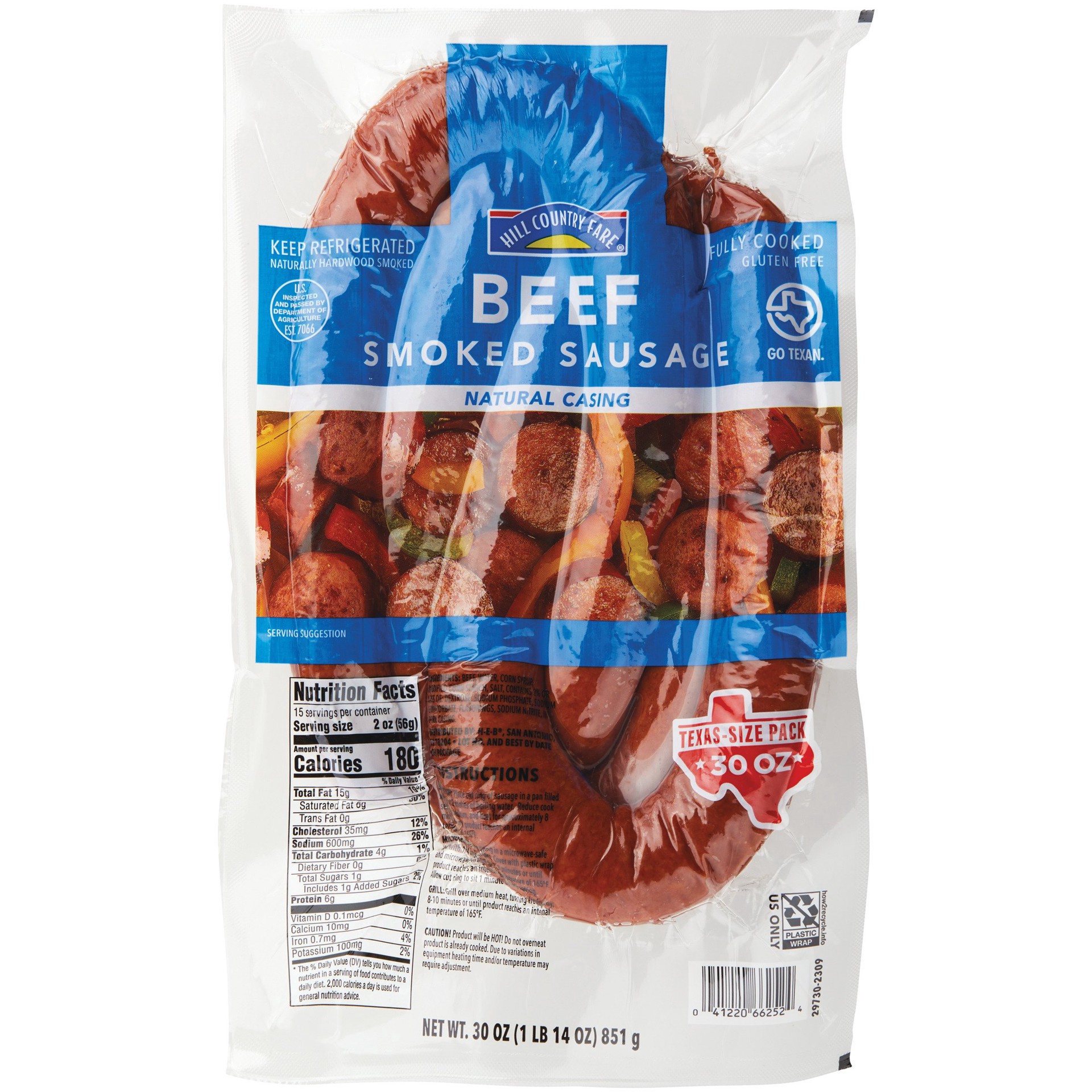 slide 1 of 1, Hill Country Fare Beef Smoked Sausage Links - Texas-Size Pack, 33 oz
