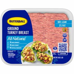 Butterball All Natural Fresh Ground Turkey, 98%/2%, 16oz, 1 Tray