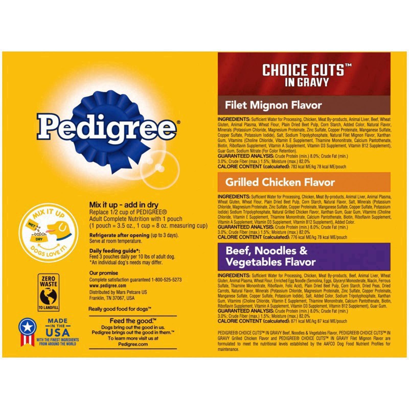 slide 5 of 5, Pedigree Pouch Choice Cuts In Gravy Adult Wet Dog Food Beef, Grilled Chicken & Filet Mignon - 3.5oz/18ct Variety Pack, 18 ct; 3.5 oz