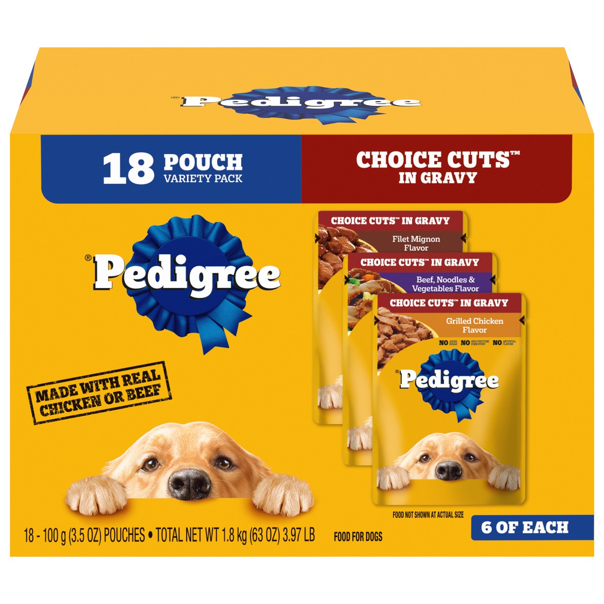 slide 1 of 5, Pedigree Pouch Choice Cuts In Gravy Adult Wet Dog Food Beef, Grilled Chicken & Filet Mignon - 3.5oz/18ct Variety Pack, 18 ct; 3.5 oz