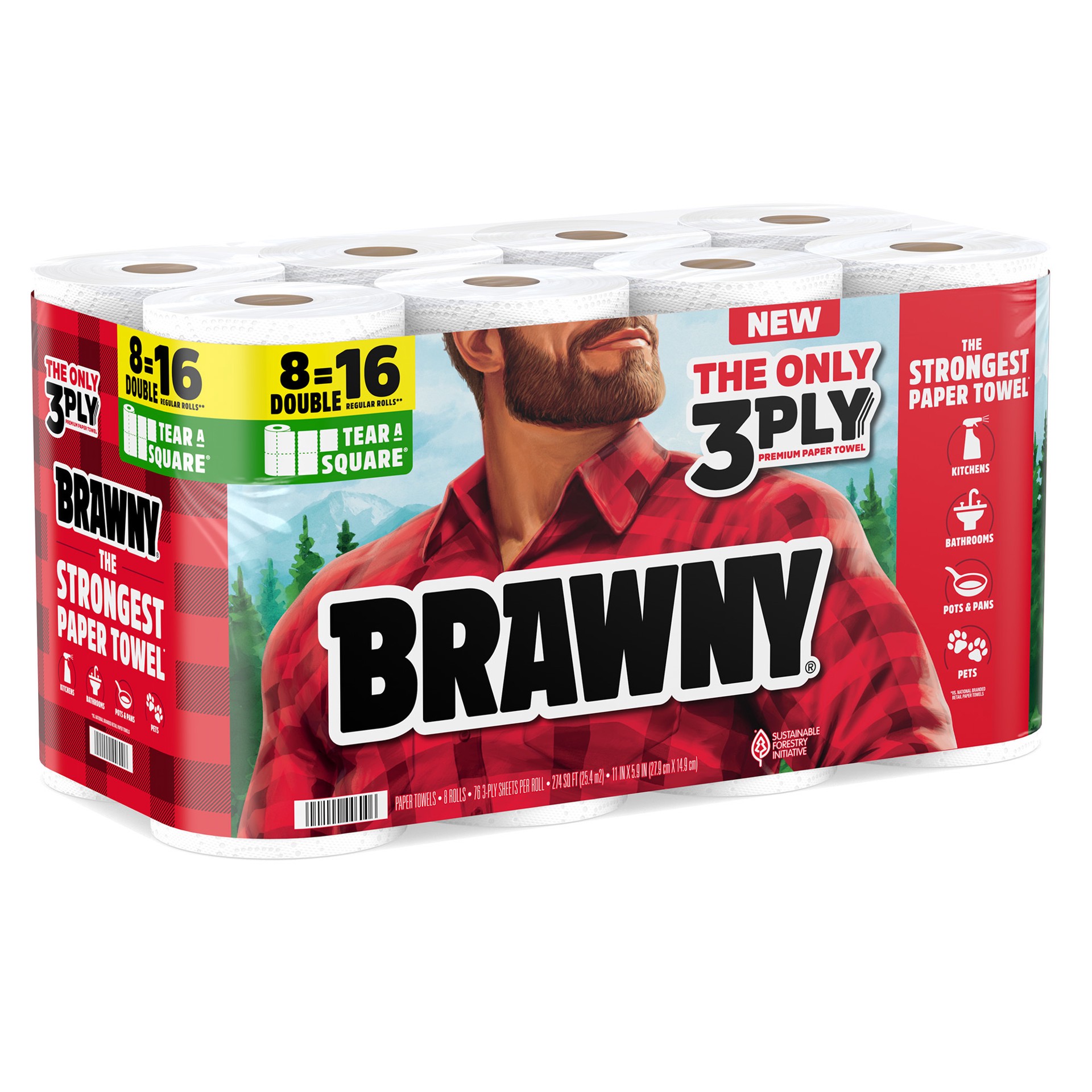 slide 2 of 5, Brawny Tear-A-Square Paper Towels, 8 Double Rolls, 8 ct