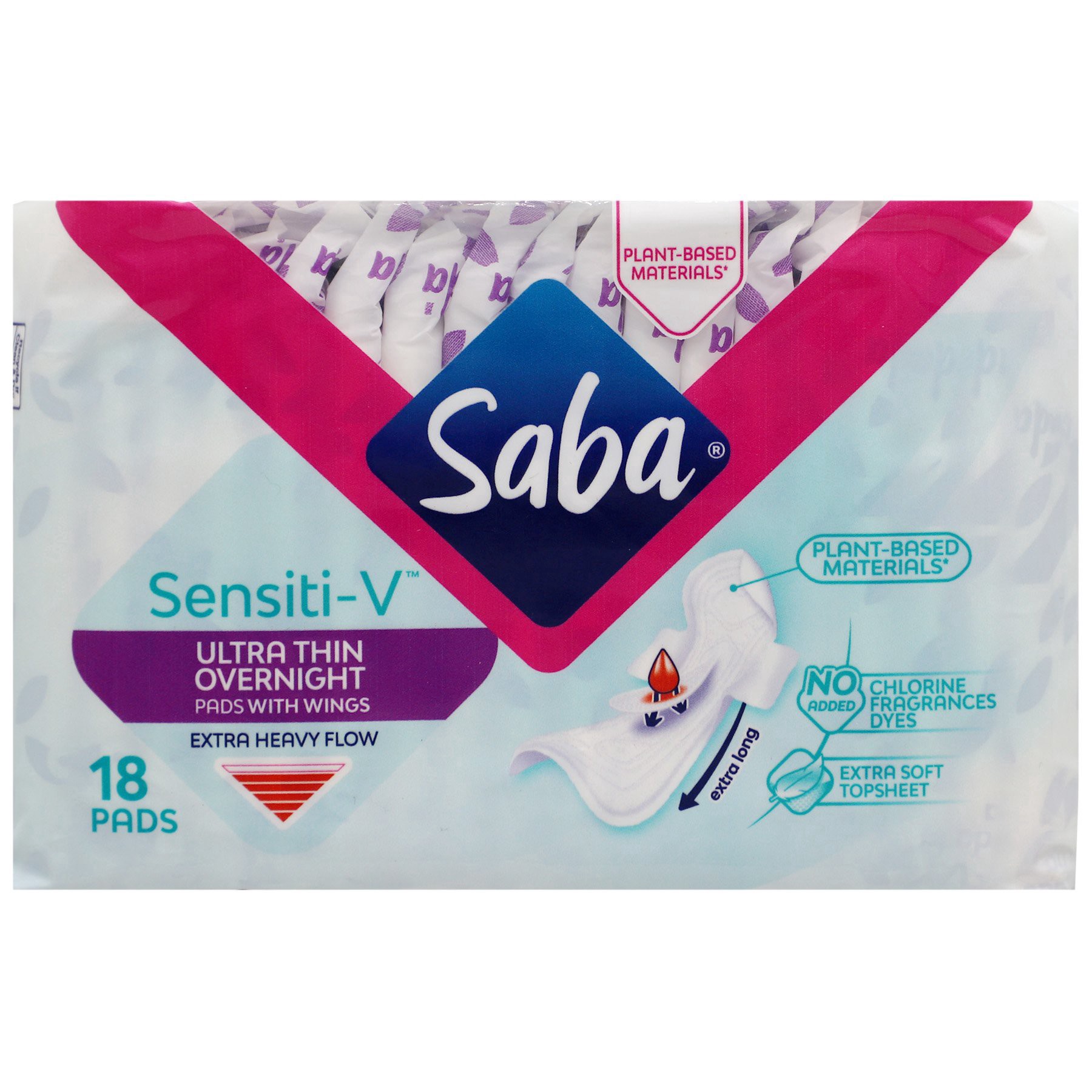 slide 1 of 1, Saba Sensiti-V Overnight Pads With Wings - Ultra Thin, 18 ct