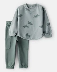 Carters Toddler Boy Dinosaur French Terry Long-Sleeve Tee & Pant Set- Green/Grey Green 3T